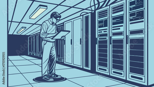 IT Professional Managing Server Racks in Data Center, System Administrator Working with Network Infrastructure Illustration