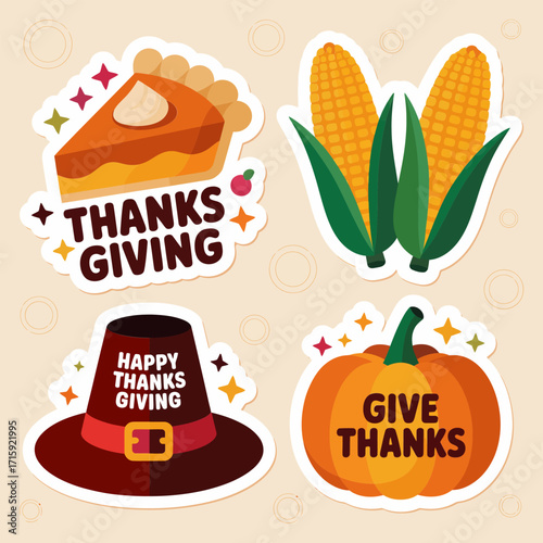 Thanksgiving sticker sheet, pie slice badge, corn stalk illustration, give thanks label, autumn icons pack, printable vector