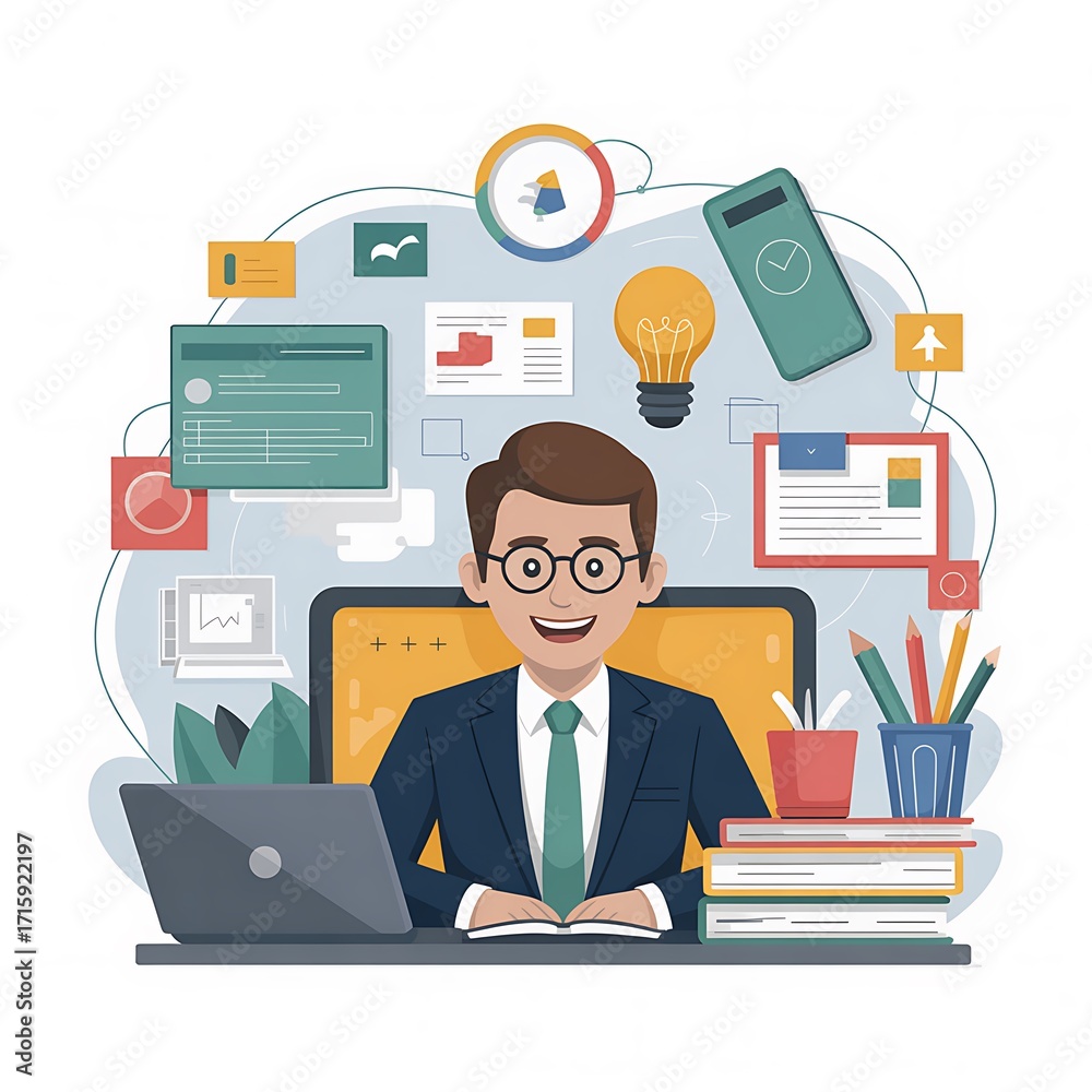 Fototapeta premium Illustration of enthusiastic man working from home with laptop and books isolated on white background vector illustration