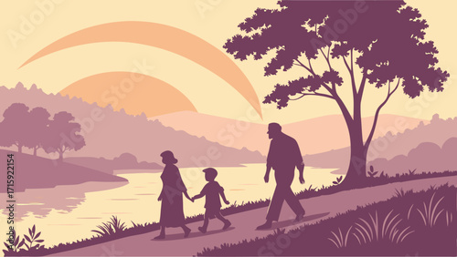 Family stroll at sunset creates cherished memories, fostering love and unity in nature's embrace