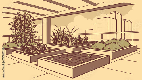 Urban rooftop garden oasis with thriving plants, bringing nature to cityscapes, offering serenity