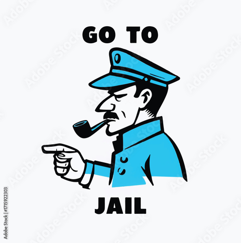 Vintage Monopoly-Inspired "Go to Jail" Illustration with Stern Officer Pointing