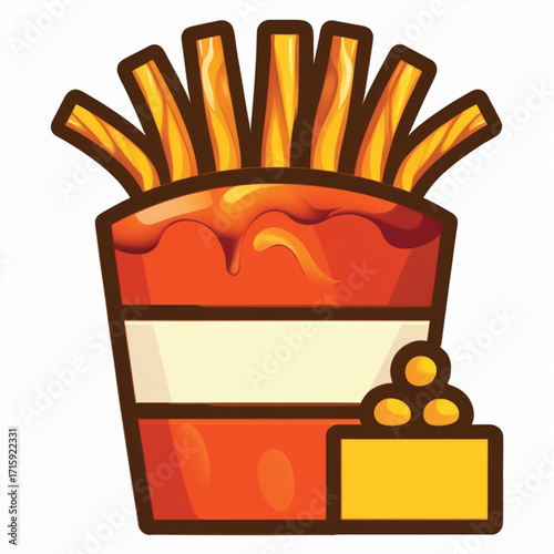 Illustration of french fries in a red and white container with a side of dipping sauce.