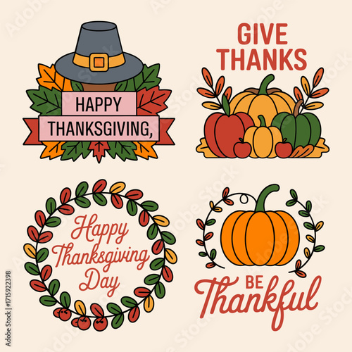 Thanksgiving badge collection, give thanks labels, autumn harvest pumpkins and berries, pilgrim hat icons, wreath frames, vintage vector