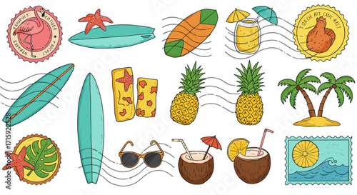 Tropical summer vacation vector illustration with surfboards, palm trees, and refreshing drinks for print design