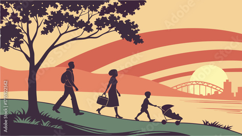 Family stroll at sunset illustration, a peaceful moment with a child in a stroller by the water