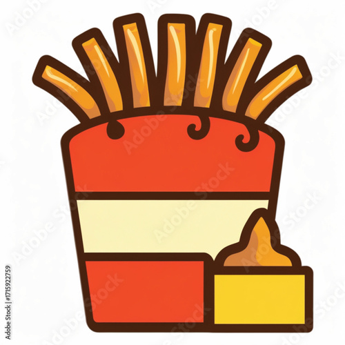French fries in a red box with mustard dipping sauce.
