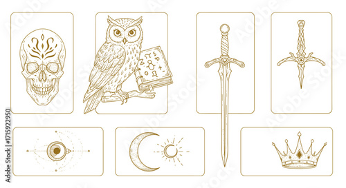 Mystical symbols vector illustration with owl, skull, sword, and celestial elements for esoteric design