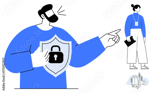 Man with shield and padlock gesturing for caution, woman with badge and tablet. Ideal for cybersecurity, data protection, online safety, technology, digital privacy, awareness education, simple flat