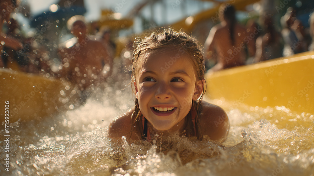 Obraz premium Exciting summer fun at a water park with children sliding down a water slide and enjoying the splashes and laughter