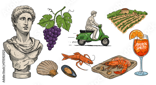 Italian lifestyle vector illustration: roman bust, vineyards, sea food, and scooter ride for poster design