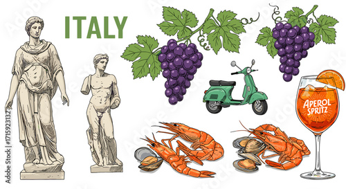 Italian culture vector illustration with statues, grapes, scooter, and aperol spritz for design use