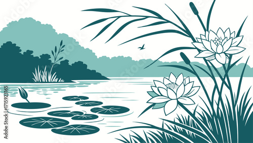 Serene water lilies on calm lake, peaceful nature scene, vector art, botanical illustration, tranquil pond