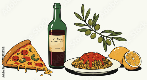 Italian cuisine vector illustration featuring pizza, wine, spaghetti, and olives for culinary design