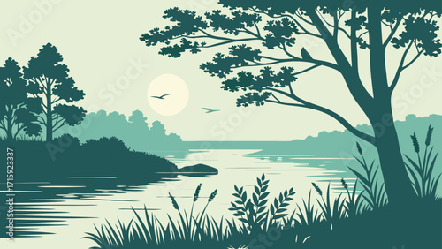 Serene lakeside view with silhouetted trees, inviting tranquility and peaceful escape for nature lovers