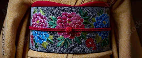 The traditional Japanese obi sash securing the kimono at the waist.