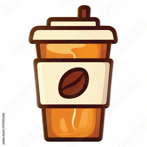 A vector illustration of a disposable coffee cup to-go, with a brown lid and a sleeve adorned with a coffee bean logo.
