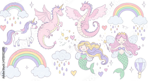 Enchanting fairy tale creatures and elements vector illustration for kids design