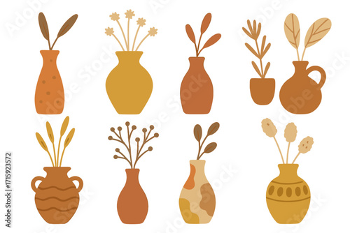 Earthy modern home decor vases with abstract plant patterns vector illustration