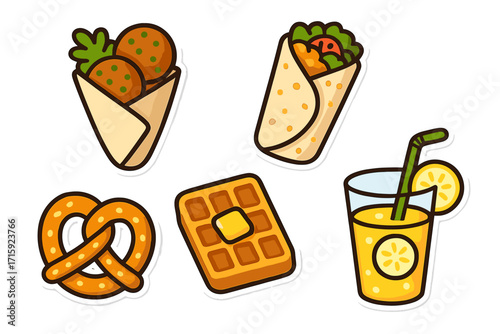 Delicious food stickers vector illustration: falafel, burrito, pretzel, waffle, lemonade