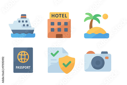 Travel and vacation icon set vector illustration: cruise ship, hotel, beach, passport, documents, camera in flat style