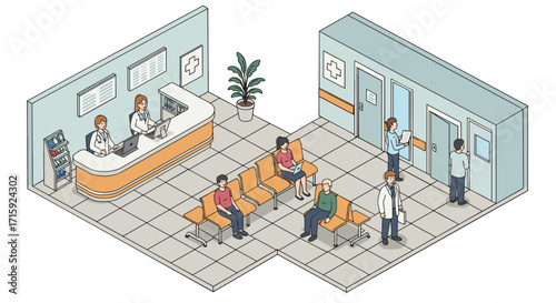 Isometric vector illustration of a modern hospital waiting room with patients and staff for healthcare design