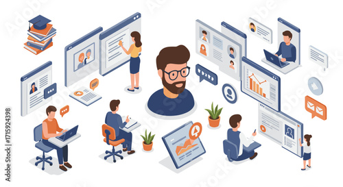 Isometric distance learning vector illustration for online education and remote work design