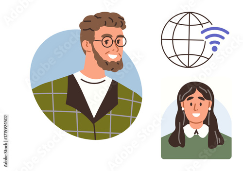 Two diverse individuals with global icon and wireless signal highlighting digital communication, networking, global reach, virtual collaboration, online education, remote work, simple flat metaphor