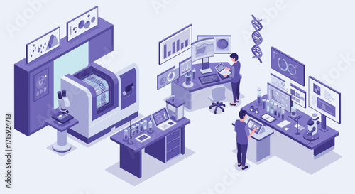 Isometric vector illustration of a scientific laboratory with advanced technology for genetic research