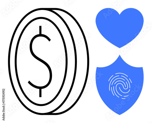Coin with a dollar sign, blue heart, and shield with fingerprint emphasizing trust, security, finances, and care. Ideal for finance, protection, support integrity digital innovation and wellness