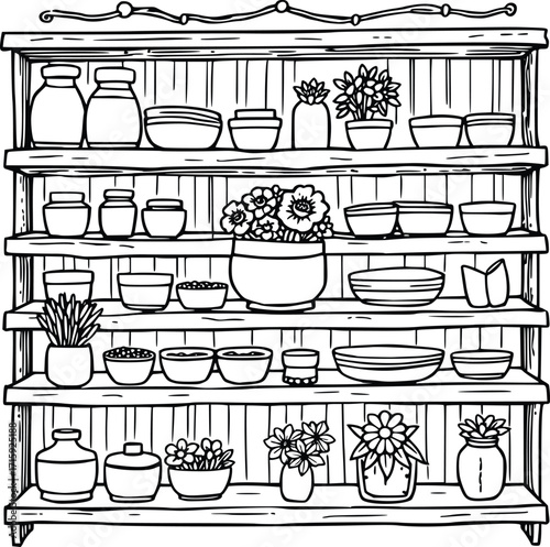 Hand Drawn Shelf with Flower Pots and Bowls 