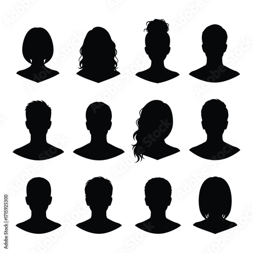 Diverse human head silhouettes collection for profile pictures user avatars and identity representation silhouette