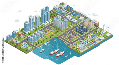 Isometric urban cityscape vector illustration with skyscrapers, harbor, and green spaces for design projects