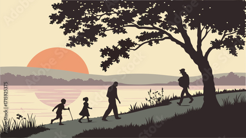 Peaceful family walk at sunset: A serene scene of togetherness and nature's beauty