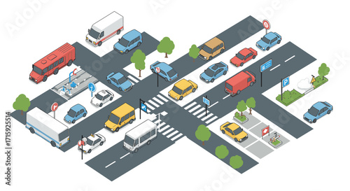 Isometric city street with vehicles and parking scene vector illustration for urban design