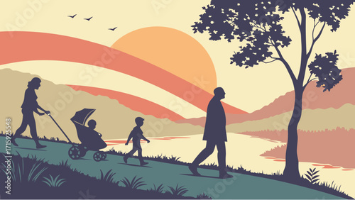 Peaceful family walk at sunset: A serene scene of togetherness and nature's beauty