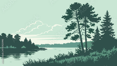 Serene lakeside landscape with evergreen trees, evoking peace and tranquility, perfect for nature lovers