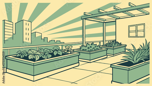 Urban rooftop garden oasis with vegetables and plants, a peaceful city escape for healthy living