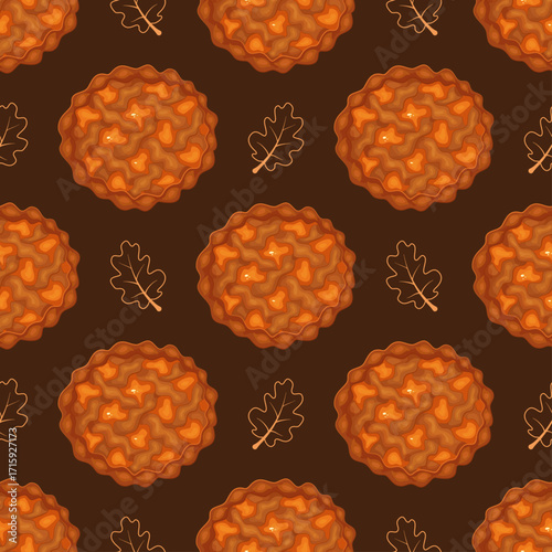 Vector seamless pattern with a pie and leaves. Autumn holidays.