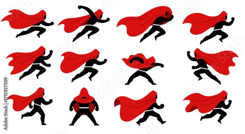 Dynamic superhero in red cape silhouette illustrations with various action poses