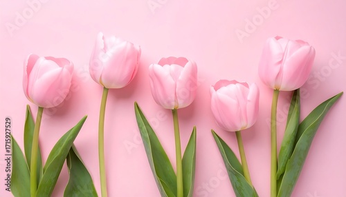 Five Delicate Pink Tulips on a Pink Background