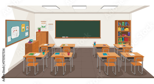 Modern classroom interior with desks, chalkboard, and bookshelves