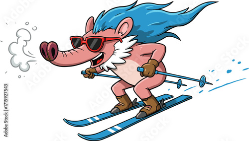 Funny skiing cartoon animal character with sunglasses, blue hair, skiing fast, winter sports fun, energetic skiing wild boar
