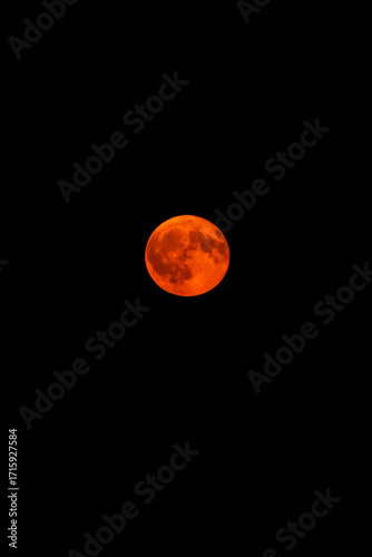 Friday the 13th. Halloween celebration. Spooky sky. Blood moon against a black sky. Dark forces. Craters on the moon. Night landscape. Magical full moon. Gothic theme.