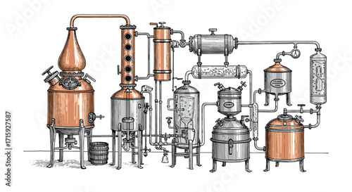 Vintage industrial distillery equipment drawing with copper and steel tanks
