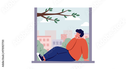 Contemplative man sitting on window ledge in urban setting