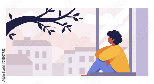 Serene reflection: person sitting by window looking at cityscape in flat design