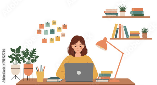 Cozy home office with woman working on laptop among books and plants