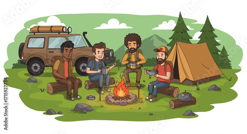 Friends camping adventure with campfire and tent in nature setting