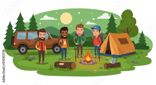Camping adventure at night in the forest with friends and campfire